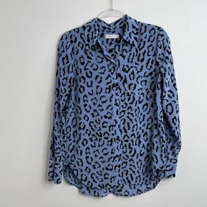 A.L.C. Emerson Leopard Printed Silk Button Down womens Sz 2 100% Silk Blue Black